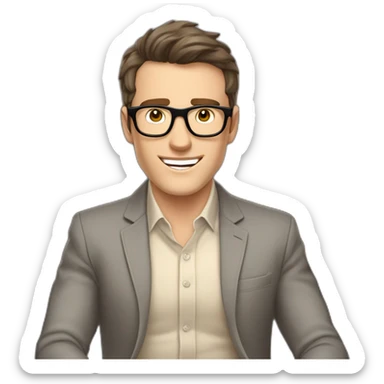 Joyful Celebrating victory Hands up Pale skinned Fit Man With dark brown hair in gray jacket, beige office shirt, Brown pants and vintage glasses sitting In a soft chair sticker