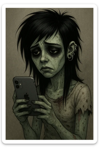zombie girl with black emo hairstyle, heavy eyeliner, piercings, pale greenish skin, sad expression, using an iPhone sticker