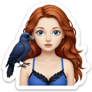 Constantine and Long wavy Auburn hair woman BLUE eyes wearing blue cami and a crow sticker