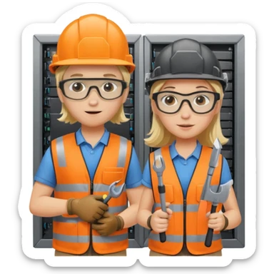 Create a emoji of boy and girl(blond hair) pushing Data center rack servers. They wearing helmet, ear protection, safety glass, orange vest. Holding drill and wrench sticker