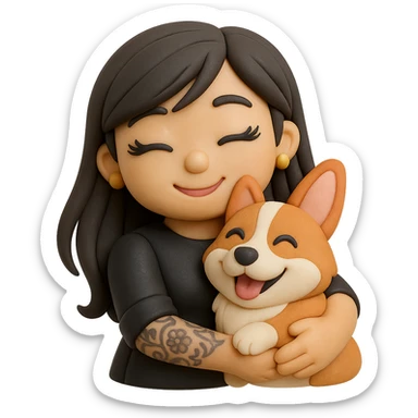fondant cake art style emoji of an Asian girl with long hair and wispy deep side bangs, wearing a black leather dress, gold earrings, false lashes, and a 3/4 sleeve tattoo on her left arm, hugging a happy red head tri-color corgi, simplified, clear, emoji-like sticker