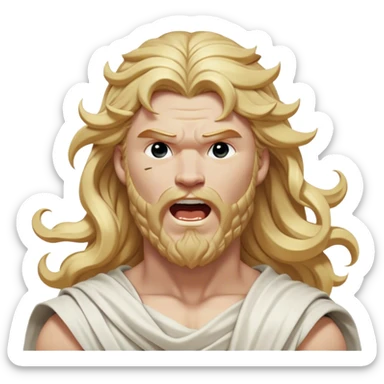 Cinematic Realistic Thor Portrait, head tilted slightly with a dramatic, wide-open yawn, revealing a moment of unguarded human vulnerability amidst his divine stature. His fair, luminous skin and elegantly styled, wavy golden hair maintain their sculptural perfection even in repose. Dressed in a flowing white toga with understated golden accents, the portrait is bathed in soft natural light, capturing a rare glimpse of relaxed, timeless strength from a Greek god reborn. sticker