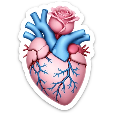 White and sky blue Anatomical heart with light pink rose without leaves  sticker