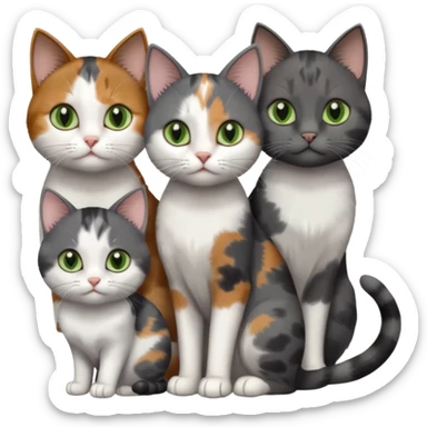 3 different coloured small cats including a dark grey and white, and a patchy calico with hazel eyes and a completely solid dark grey with green eyes and only white paws sticker