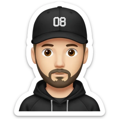 Hombre con la cara borrosa, con barba fina y perilla, gorra negra de baseball bordada con un 08, y sudadera negra sticker