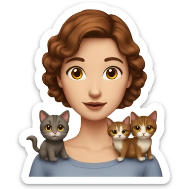 Woman with brown hair and brown eyes holds five cats sticker