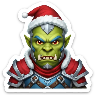 Fantasy Christmas orc legion soldier icon, iron tundra army theme, heavy winter armor, disciplined brutal look, dark icy steel armor with bold crimson cloth and markings, cold blue shadows, high contrast, clean emoji portrait style
 sticker