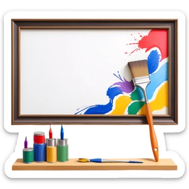 Create an icon that represents the hobby of wall painting, featuring a wall with a beautiful painting in progress. The design should include a paintbrush, a roller, and part of the wall decorated with colorful patterns or a mural. The icon should show the process of creating the artwork, with the brush strokes visible on the wall, symbolizing the artistic nature of the craft. The composition should be balanced and harmonious, evoking creativity and skill. The background should be transparent sticker