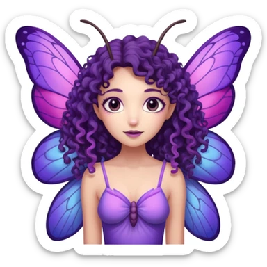 moth fairy with dark curly hair, light purple skin, and moth wings of blue purple and pink. she has moth antenna sticker