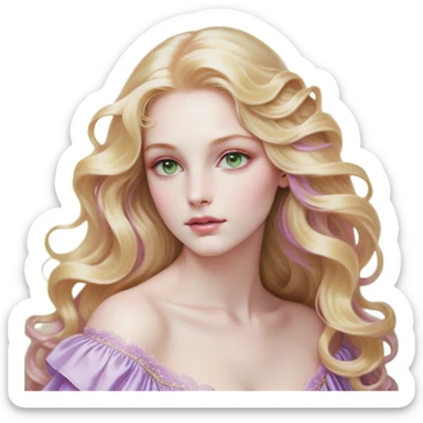 Cinematic Realistic Rapunzel Portrait, with porcelain-like skin featuring a subtle, natural glow, illuminated by soft lighting that brings out the gentle contours of her face. Her long, golden blonde hair cascades in detailed waves, each strand highlighted with a radiant shimmer as it catches the light. Her bright, expressive green eyes exude curiosity and warmth, framed by delicate lashes and soft, arched brows. Her expression is playful and vibrant, with a gentle smile. She is dressed in her classic lavender and pink gown, the fabric textured with delicate folds that flow naturally, catching the light with a soft, radiant glow. The portrait captures a luminous, enchanting aura, seamlessly blending realism with a whimsical, fairytale charm, evoking a timeless sense of beauty and magic. sticker