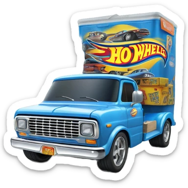 Side-on shot, Hot wheels, Hot rod, large panel van truck,1970 with exposed chrome exhaust pipes, blue, large wheels in back, large logo on the side is “Stinky’s Diaper Cleaner” in large letters  sticker