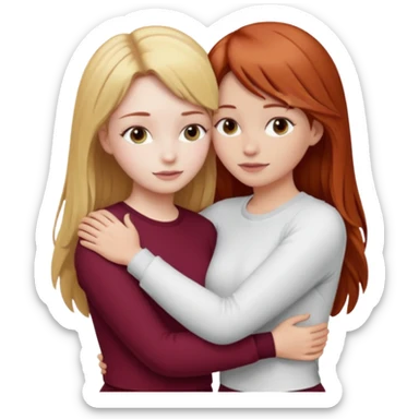 two girls who hug eachother. one has auburn hair with blonde highlights and very pale skin, other has medium-fair skin and blonde hair. first one is wearing white outfit and the second one is wearing a burgundy outfit sticker