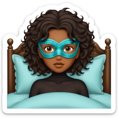 Um amenina super linda com cabelo marrom meio preto ondulado na cama com máscara no rosto sticker