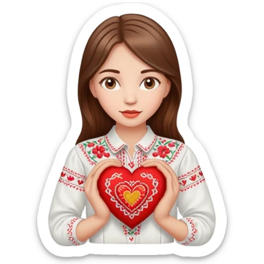 Beautiful young girl with brown hair in a white Ukrainian embroidered shirt holding a large embroidered heart sticker