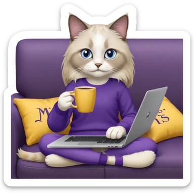 a cute blue eyed brown and white ragdoll cat with white paws and brown and beige tail wearing the dark violet sweater with yellow letteting "Milena" sitting on the grey sofa with grey laptop Lenovo and drinking coffee sticker