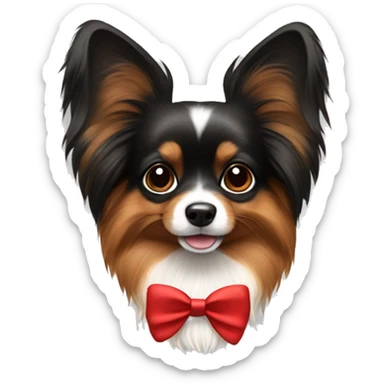 Small furry black and brown papillon breed dog wearing red bow sticker