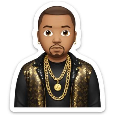 Timbaland with dark brown hair, black sequin jacket, black shirt with necklace sticker