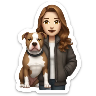 white woman with long brown hair in a furry jacket standing alongside a white pitbull with a brown patch around his eye sticker
