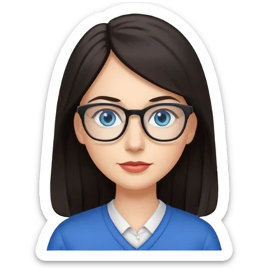 long dark hair, blue eyes, glasses teacher female, eyelashes sticker