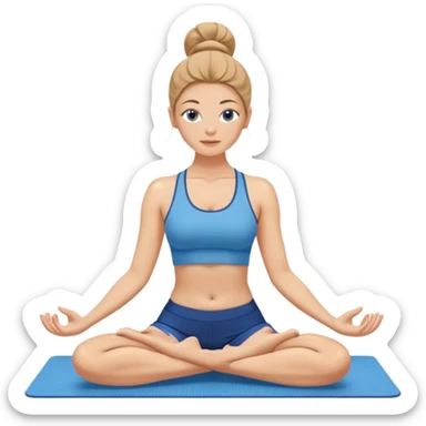 Красивая белая девушка в позе йога в голубом топе и голубых шортах занимается йогой на голубом коврике sticker
