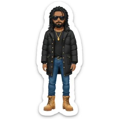 African American man with shoulder length black dreadlocks with black beard wearing black sunglasses wearing a black bubble winter coat wearing denim skinny jeans wearing wheat timberland boots standing up sticker