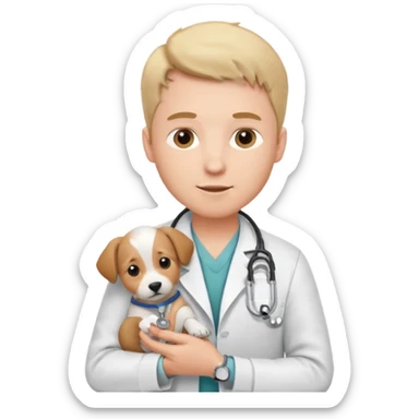 Young male vet – white coat, stethoscope, holding puppy. sticker