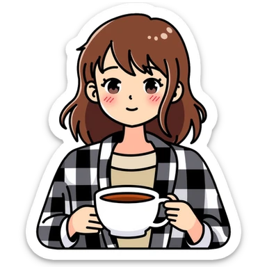 A 16-year-old girl with brown eyes and brown hair, with a black and white checkered blanket on her back, holding a white cup of tea in her hand sticker