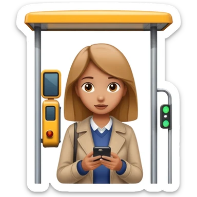 girl looking at a phone at a bus stop sticker