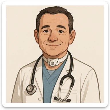 doctor character, tracheostomy tube in neck, stethoscope, friendly expression, clean background, digital art style sticker