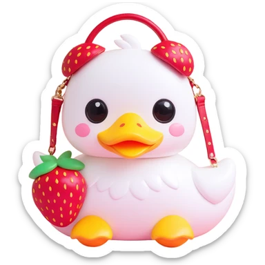 kawaii white duck with a strawberry-shaped shoulder bag, 3D style, pastel colors, big shiny eyes, soft lighting, chibi proportions sticker