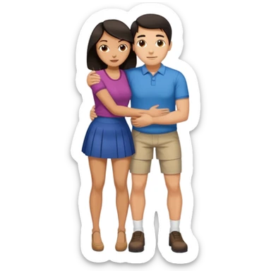  man with dark hair on knees, facing dark haired, middle aged woman in a micro mini skirt, hugging her waist sticker