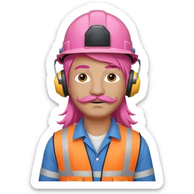 construction worker with long pink hair and protective headphones and mustache sticker