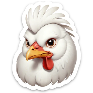 Cinematic Noble White Chicken Portrait Emoji, Poised and regal, with a compact, sturdy build and a pristine, well-groomed pure white plumage, deep-set soulful beady eyes, Simplified yet sharp and sophisticated features, highly detailed, glowing with a soft, dignified glow, high shine, intelligent and alert, stylized with an air of barnyard elegance, focused and attentive, soft glowing outline, capturing the essence of a watchful and confident fowl, so majestic it feels as though it could strut out of the screen with effortless authority! sticker
