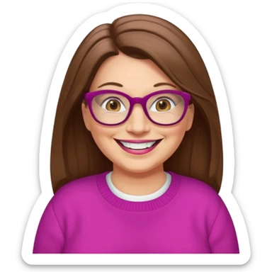 50 yr Caucasian woman, long brown hair parted on side, brown eyes, glasses, big smile, white teeth, fuscia sweater, chubby sticker