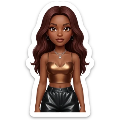 Solange with brown eyes, long dark auburn hair, brown metallic sweetheart crop top, black metallic baggy pants, silver necklace sticker