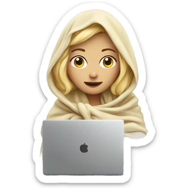 Blonde girl wrapped in big blanket with laptop  sticker