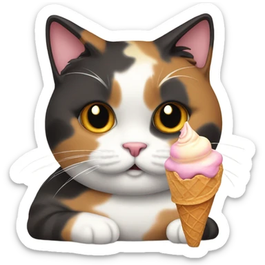 Fat aloof calico cat eating ice cream cone sticker