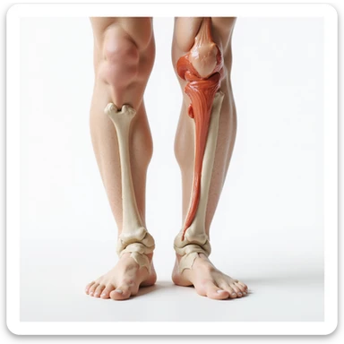 hyperrealistic 4K illustration of valgus knee, frontal view, bones and joint clearly visible, knees touching and ankles apart, white background, very evident valgus deviation, variant 5 with slightly changed hand position sticker