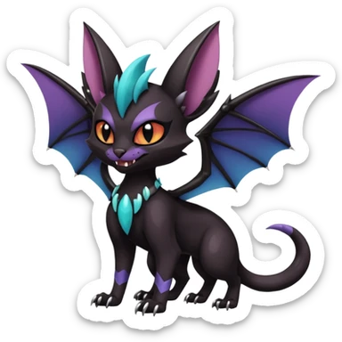 dark spooky badass cool shiny glossy smooth soft Black edgy Noivern-Noibat-Purloin-Torracat-Lykoi-Caracal-cat-Fakemon-fusion-hybrid-creature with bat wings on head as ears, big fangs, gothic markings sticker
