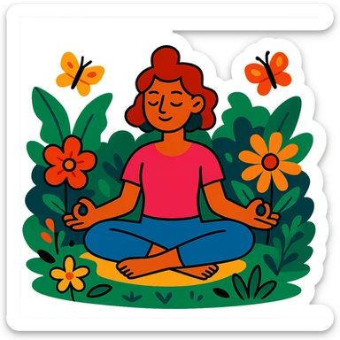 A vibrant self-care scene with a person practicing yoga in a lush garden, surrounded by flowers and butterflies sticker