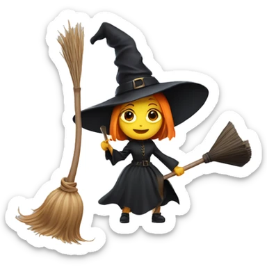 a witch with a big head and small witch hat and huge broom sticker