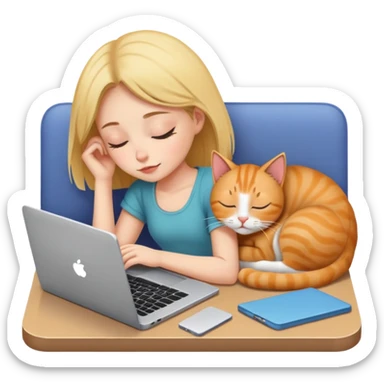 A girl works on a laptop with a cat sleeping next to it sticker