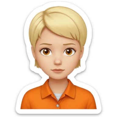 short blonde hair not smiling woman in orange collared shirt sticker