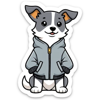 A dog wearing big gray jacket  sticker
