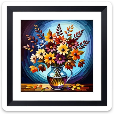 picture frame with painting of autumn flowers, Vibrant colors, Afremov style sticker