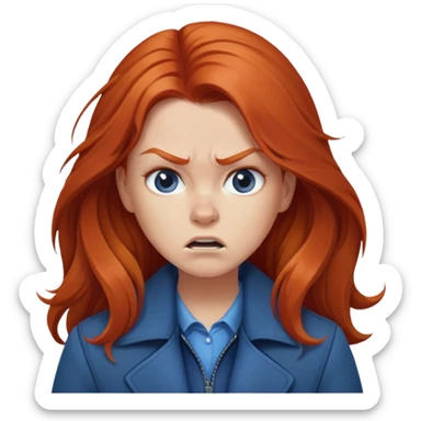 Redhead girl with long hair in blue jacket looking angry sticker