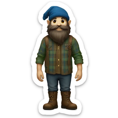 Full-length, dark-bearded, young gnome with a blue woolen hat, brown boots and a green plaid shirt. The body should be cartoonish and not realistic. sticker