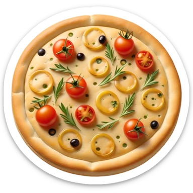 cinematic-realistic-focaccia-bread-dish-emoji,-depicted-as-a-golden,-olive-oil-brushed-flatbread-sprinkled-with-herbs-rendered-with-lifelike-texture-and-soft,-appetizing-lighting showing olives on top and the cherry tomatoes sticker