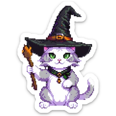 witch cat with a visible paw, cat wearing a witch hat, casting a spell sticker