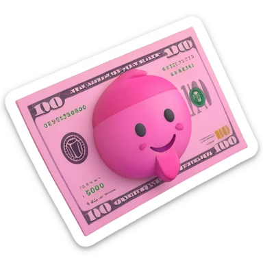 $100 bill in 3D emoji style, pink and white color scheme, playful and bold sticker